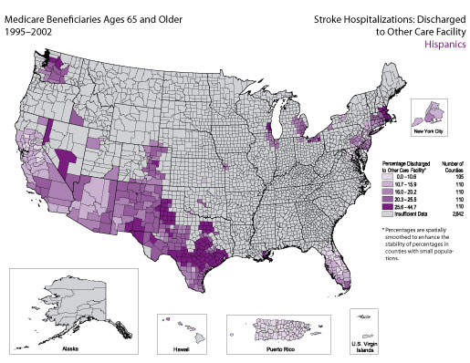 Map showing stroke hospitalization rates for medicare beneficiaries that were discharged to other care facilities for the Hispanic population. Refer to previous paragraph titled Hispanics for a detailed explanation of the map.