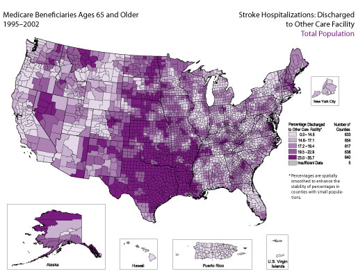 Map showing stroke hospitalization rates for medicare beneficiaries that were discharged to other care facilities for the total population. Refer to previous paragraph titled Total Population for a detailed explanation of the map.