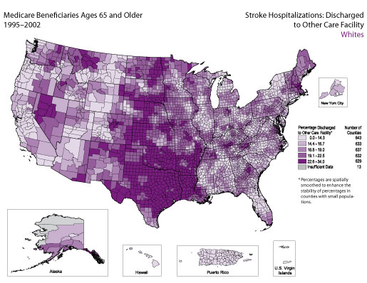 Map showing stroke hospitalization rates for medicare beneficiaries that were discharged to other care facilities for the white population. Refer to previous paragraph titled Whites for a detailed explanation of the map.