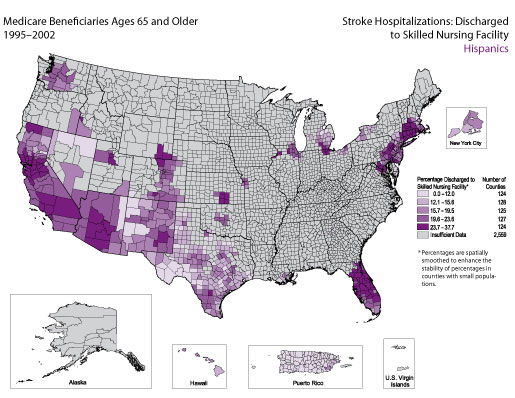 Map showing stroke hospitalization rates for medicare beneficiaries that were discharged to a skilled nursing facility for the Hispanic population. Refer to previous paragraph titled Hispanics for a detailed explanation of the map.
