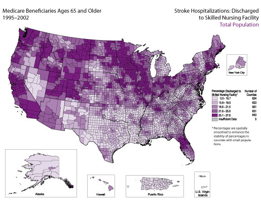 Map showing stroke hospitalization rates for medicare beneficiaries that were discharged to skilled nursing facilities for the total population. Refer to previous paragraph titled Total Population for a detailed explanation of the map.