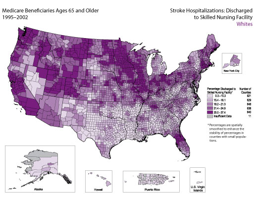 Map showing stroke hospitalization rates for medicare beneficiaries that were discharged to a skilled nursing facility for the white population. Refer to previous paragraph titled Whites for a detailed explanation of the map.