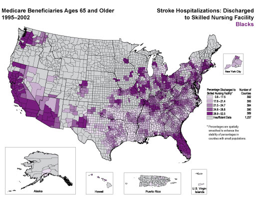 Map showing stroke hospitalization rates for medicare beneficiaries that were discharged to a skilled nursing facility for the Black population. Refer to previous paragraph titled Blacks for a detailed explanation of the map.