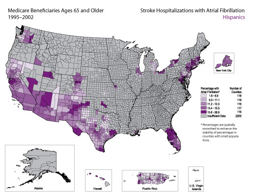 Map showing stroke hospitalization rates for medicare beneficiaries with atrial fibrillation for the Hispanic population. Refer to previous paragraph titled Hispanics for a detailed explanation of the map.