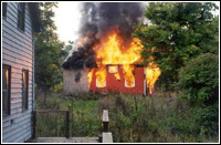 Albany, NY, August One of the homes purchased for the Stryker Road relocation project is shown being burned (Schoharie County Planning and Development Agency photos.)