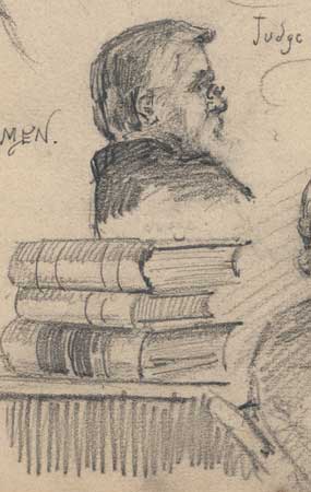 detail of courtroom sketch showing Judge Parker in profile with stack of law books in foreground