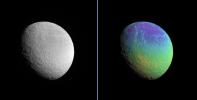 Rhea displays a marked color contrast from north to south that is particularly easy to see in the extreme color-enhanced Cassini spacecraft view presented here