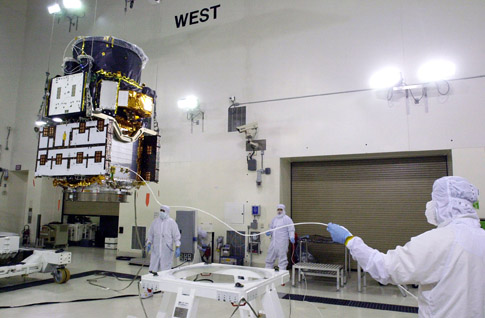 image of CALIPSO satellite under vertical hoist