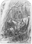 Disasters of the chase. For'ard! There! Found! (illustration of man crawling through what appears to be a muddy path in front of his horse, while fellow riders call out from the distance]