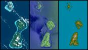Bora Bora, Tahaa, and Raiatea, French Polynesia, Landsat and SIR-C Images 
Compared to SRTM Shaded Relief and Colored Height