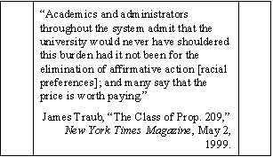 Academics and administrators throughout the system admit that the university would never have shouldered this burden had it not been for the elimination of affirmative action [racial preferences]; and many say that the price is worth paying. -James Traub, The Class of Prop. 209, New York Times Magazine, May 2, 1999.