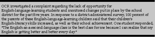 You and the leadership of OCR can be very proud of the work of all these professionals in representing OCR's rationale for giving priority attention to issues related to minorities, English-language learners and special education.--Letter from the director of a conference sponsored by The Urban Special Education Leadership Collaborative