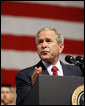 President George W. Bush speaks to military personnel Monday, Aug. 4, 2008, at Eielson Air Force Base, Alaska. The stop was the first on the trip by the President and Mrs. Laura Bush to Asia. White House photo by Eric Draper