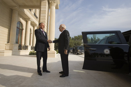 Vice President Dick Cheney is greeted by President of Azerbaijan Ilham Aliyev for meetings at the Summer Presidential Palace Wednesday, Sept. 3, 2008, in Baku, Azerbaijan. Vice President Cheney thanked the President for his country's contributions in the fight against global terrorism, and said, "America deeply appreciates Azerbaijan's contributions to the cause of peace and security, both in this volatile region and internationally. And we support the people of Azerbaijan in their efforts, often in the face of great challenges, to strengthen democracy, the rule of law, and respect for human rights, and to build a prosperous, modern, independent country that can serve as a pillar of moderation and stability in this critical part of the world." White House photo by David Bohrer