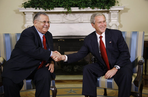 President George W. Bush welcomes Iraqi President Jalal Talabani to the Oval Office, Wednesday, Sept. 10, 2008, where the two leaders heralded the improved security situation and quality of life for the citizens of Iraq. White House photo by Eric Draper