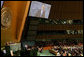 President George W. Bush speaks before the United Nations General Assembly Tuesday, Sept. 23, 2008, in New York City. The President told his audience, "Advancing the vision of freedom serves our highest ideals, as expressed in the U.N.'s Charter's commitment to "the dignity and worth of the human person." Advancing this vision also serves our security interests. History shows that when citizens have a voice in choosing their own leaders, they are less likely to search for meaning in radical ideologies. And when governments respect the rights of their people, they're more likely to respect the rights of their neighbors." White House photo by Chris Greenberg