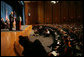 President George W. Bush addresses his remarks Thursday, Oct. 30, 2008, at the graduation ceremomy for FBI special agents in Quantico, Va. President Bush congratulated the special agents on their graduation accomplishement and thanked them for stepping forward to serve their country. White House photo by Joyce N. Boghosian
