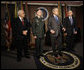 President George W. Bush delivers a statement to the press at the end of his visit Friday, Oct. 24, 2008, to the National Security Agency at Fort Meade, Md. With him are Vice President Dick Cheney, Lt. Gen. Keith B. Alexander, Director of the NSA, and Director of National Intelligence Mike McConnell. White House photo by Eric Draper