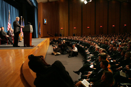 President George W. Bush addresses his remarks Thursday, Oct. 30, 2008, at the graduation ceremomy for FBI special agents in Quantico, Va. President Bush congratulated the special agents on their graduation accomplishement and thanked them for stepping forward to serve their country. White House photo by Joyce N. Boghosian