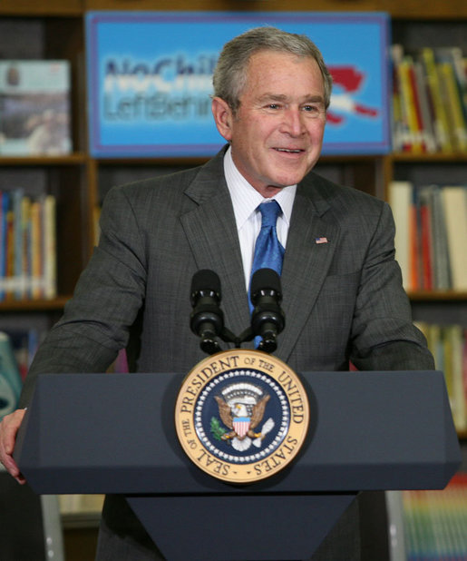 President George W. Bush addresses his remarks in support of No Child Left Behind Monday, Jan. 7, 2008, at the Horace Greeley Elementary School in Chicago, where President Bush urged Congress to reauthorize No Child Left Behind. White House photo by Joyce N. Boghosian