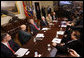 President George W. Bush thanks President Hamid Karzai of Afghanistan for his participation in a video teleconference with U.S. Provincial Reconstruction team leaders, National Guard Agriculture Development team representatives and Afghan governors Friday, Sept. 26, 2008, in the Roosevelt Room at the White House. U.S. Secretary of Defense Robert Gates, Chairman of the Joints Chief of Staff Admiral Michael Mullen and Deputy Secretary of State John Negroponte are seen at right. White House photo by Eric Draper