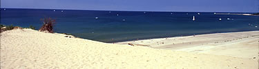 long picture with view from the top of a sand dune (Mt Baldy) looking down at the beach and boats in Lake Michigan