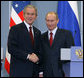 President George W. Bush and Russia’s President Vladimir Putin shake hands after their joint press availability Sunday, April 6, 2008, at Bocharov Ruchey, President Putin’s summer Presidential retreat in Sochi, Russia.  White House photo by Chris Greenberg