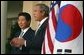 President George W. Bush and South Korean President Roh Moo-hyun in the Rose Garden on May 14, 2003.  White House photo by Paul Morse