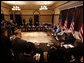 President George W. Bush delivers remarks during a meeting with representatives of American businesses on the Economic Rescue Package Thursday, Oct. 2, 2008, in the Eisenhower Executive Office Building. The President said, "I want to thank the job creators who have joined me here today to talk about the state of the economy and the need for the House of Representatives to pass the bill that passed the Senate last night with an overwhelming bipartisan majority."  White House photo by Eric Draper