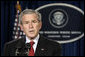 President George W. Bush delivers a statement on the passing of former President Gerald R. Ford from Crawford, Texas, Wednesday, Dec. 27, 2006. "As a congressman from Michigan, and then as Vice President, he commanded the respect and earned the good will of all who had the privilege of knowing him," said President Bush. "On August 9, 1974, he stepped into the presidency without ever having sought the office. He assumed power in a period of great division and turmoil. For a nation that needed healing and for an office that needed a calm and steady hand, Gerald Ford came along when we needed him most."  White House photo by Paul Morse