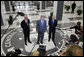 President George W. Bush, joined by Central Intelligence Agency Director Michael Hayden, right, and Deputy CIA Director Stephen Kappes, addresses reporters Thursday, Aug. 14, 2008 at the CIA headquarters in Langley, Va., following President Bush's participation in briefings on the war on terror and the current situation in Georgia. White House photo by Eric Draper