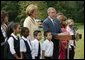 President George W. Bush thanks U.S. school children and the International Federation of Red Cross and Red Crescent Societies for their efforts to aid the victims of the school siege in Beslan, Russia, during a statement to the press on the South Lawn Friday, Sept. 24, 2004.  White House photo by Paul Morse