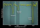 This graph, or spectrum, from NASA's Spitzer Space Telescope tells 
astronomers that some of the most basic ingredients of DNA and protein are 
concentrated in a dusty planet-forming disk circling a young sun-like star 
called IRS 46