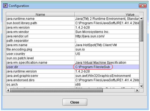 Picture of the configuration dialog box. The setting "user.dir" is highlighted, with a value of c:\program files\esub.