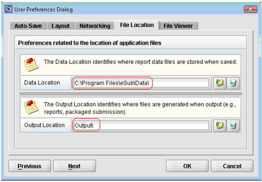Picture of the user preferences dialog. Data Location is highlighted with a value of c:\program files\eSub\data. Output location is also highlighted, with a value of output\.