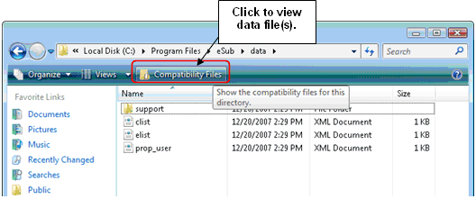 Highlight of screenshot reads: Click the menu named "Compatibility Files", located next to Organize and Views, to view data file(s).