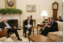 President George W. Bush, joined by Vice President Dick Cheney, meets with Health and Human Services Secretary Michael O. Leavitt in the Oval Office, Monday, Sept. 10, 2007, to talk about the Interagency Working Group on Import Safety's initial report and the group's next steps in enhancing the safety of imported products.  White House photo by Joyce N. Boghosian