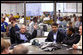 President George W. Bush speaks with federal, state and local officials at the Louisiana Emergency Operations Center in Baton Rouge, Wednesday, Sept. 3, 2008, where he was briefed in the aftermath of Hurricane Gustav. Gustav was a Category 2 storm when it made landfall Monday, in Cocodrie, La. At the request of Gov. Bobby Jindal, center, President Bush Tuesday issued a Major Disaster Declaration for 34 of the state's parishes. Baton Rouge Mayor Kip Holden listens at right. White House photo by Eric Draper