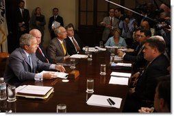 President George W. Bush addresses the media Tuesday, Sept. 2, 2008, before participating in a briefing on Hurricane Gustav with the Cabinet. In urging continued coordination with state and local officials, the President said, "We recognize that the pre-storm efforts were important and so are the follow-up efforts. " White House photo by Eric Draper