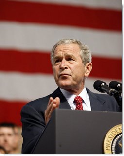 President George W. Bush speaks to military personnel Monday, Aug. 4, 2008, at Eielson Air Force Base, Alaska. The stop was the first on the trip by the President and Mrs. Laura Bush to Asia.  White House photo by Eric Draper
