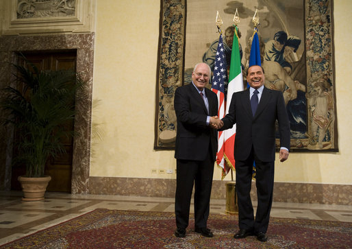 Vice President Dick Cheney and Prime Minister of Italy Silvio Berlusconi stand together Tuesday, Sept. 9, 2008 before their meeting at the Piazza Colonna in Rome. Said the Vice President after their meeting, "This great nation is a fine ally of the United States, and millions of Americans are proud to claim Italian heritage. When we think of Italy, we think of your wonderful people, your rich history and culture of the beautiful land you call home." White House photo by David Bohrer