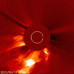 Solar flare imaged by the LASCO instrument on the SOHO satellite on September 9, 2005.