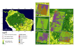 Location of Landsat test scenes and field validation area within the Brazilian Amazon. Percent tree cover values from the 2001 Vegetation Continuous Fields product show the extent of forest cover in the region.