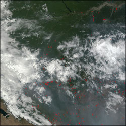 From the rainforests around the Amazon River on top in Brazil, through the central highlands and into Bolivia to the southwest, numerous fires were burning throughout the region on September 8, 2002.