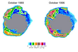 Antarctic snow depth on sea ice derived from satellite passive microwave data for October 1989 and 1996.