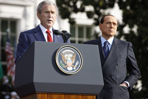 President George W. Bush addresses his remarks Monday, Oct. 13, 2008, welcoming Italian Prime Minister Silvio Berlusconi to the White House. White House photo by Eric Draper