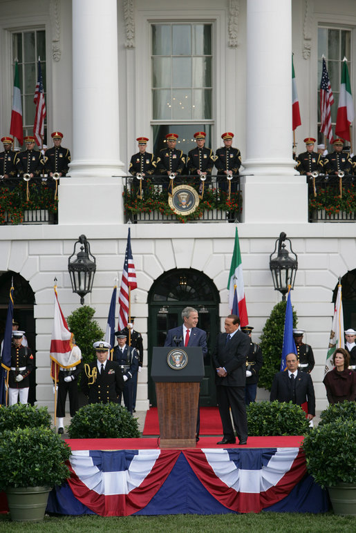 President George W. Bush delivers his remarks welcoming Prime Minister Silvio Berlusconi of Italy upon his arrival Monday, Oct. 13, 2008, during a South Lawn Arrival Ceremony for Prime Minister Silvio Berlusconi of Italy at the White House. White House photo by Chris Greenberg
