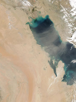 This image from MODIS in April 2003 shows a dust storm over Saudi Arabia, the Persian Gulf, and Iran.