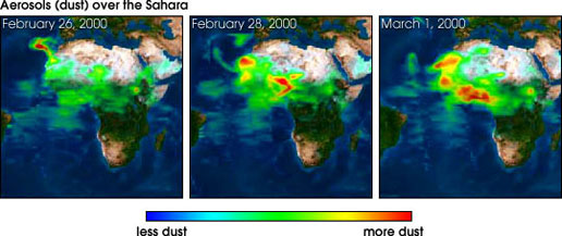 This series of images from NASA's TOMS spacecraft shows a dust plume over the Sahara Desert extending over the Atlantic Ocean and Canary Islands.