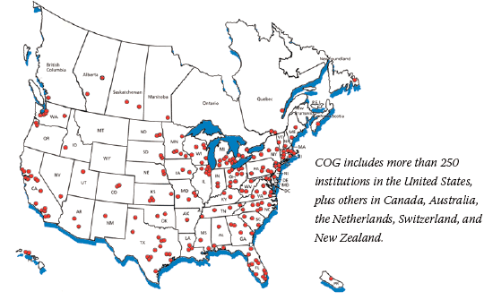 A map showing COG institutions distributed across the United States, Canada, and the U.S. territory Puerto Rico. Altogether, there are more than 250 members of COG, including hospitals in Australia, the Netherlands, Switzerland, and New Zealand.